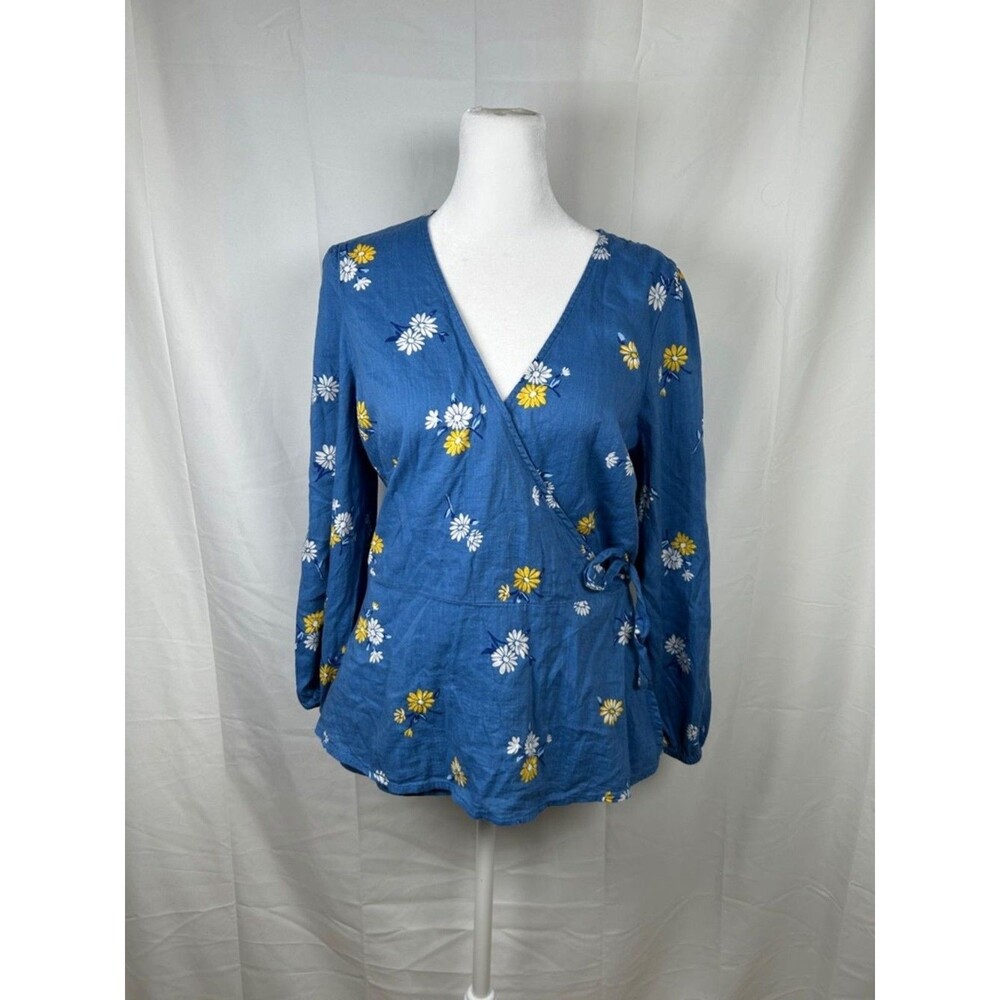 Old Navy Floral Wrap Blouse Women’s Small Blue V-Neck Cinched Waist Cotton Blend